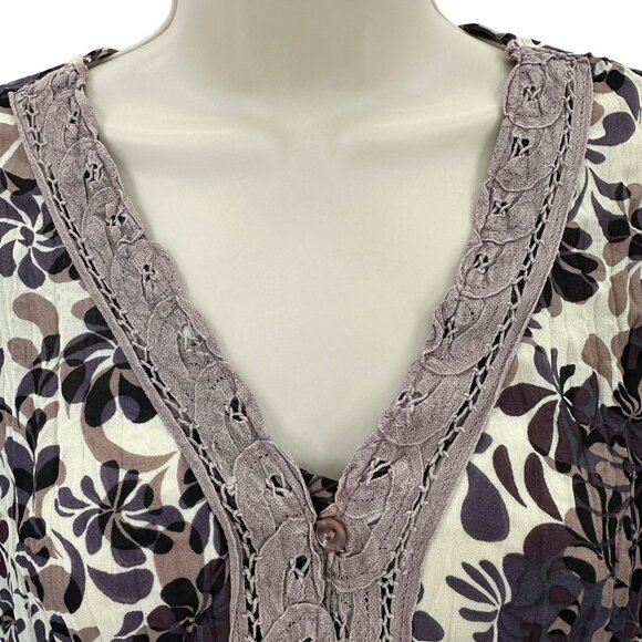 Piano Womens Floral Brown & Beige V Neck Bell Sleeve Button-Front Blouse PM - Picture 2 of 11